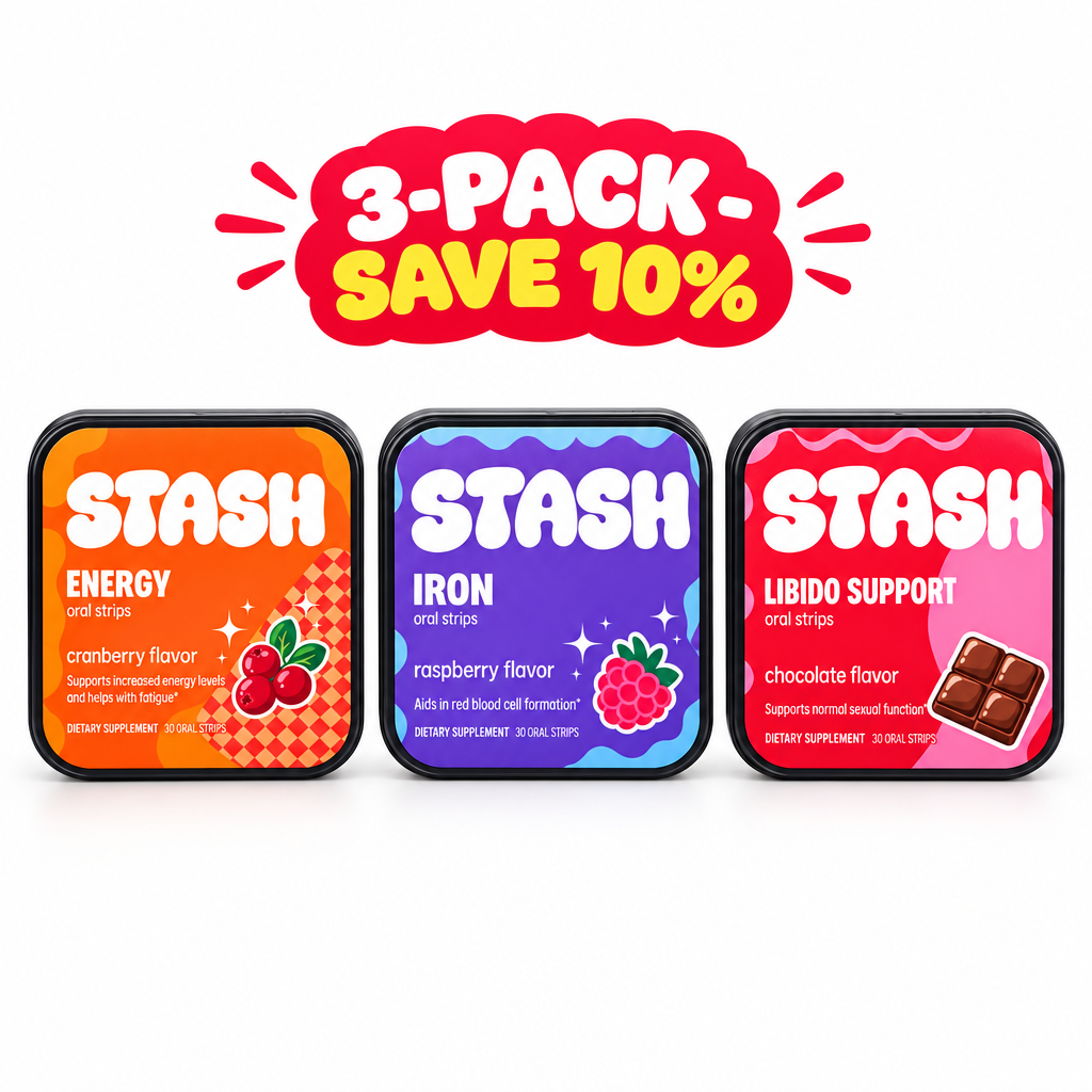 Energy Strips, Iron Strips and Libido Support Strips side by side with 3-Pack Save 10% badge