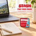 STASH Cognitive Relax tin in a bright work-from-home desk scene