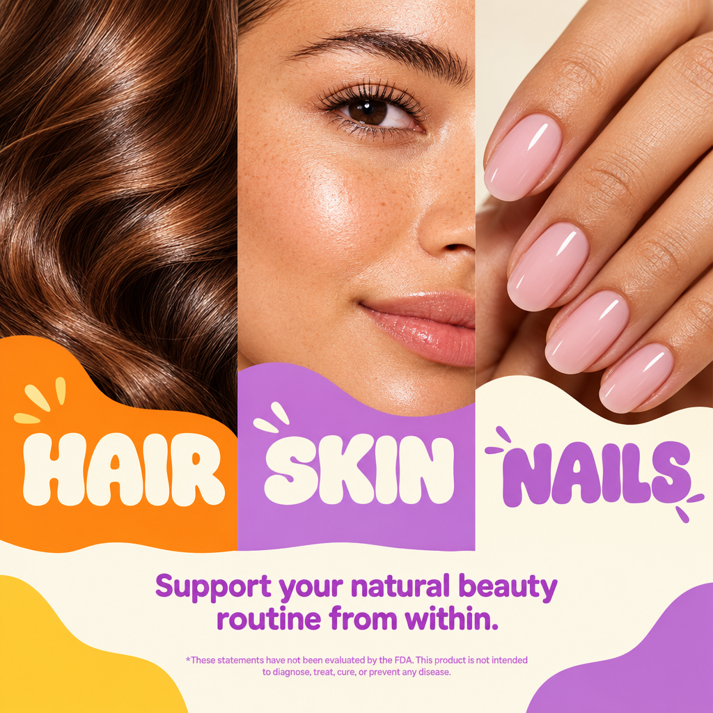 Three-panel editorial of hair skin and nails