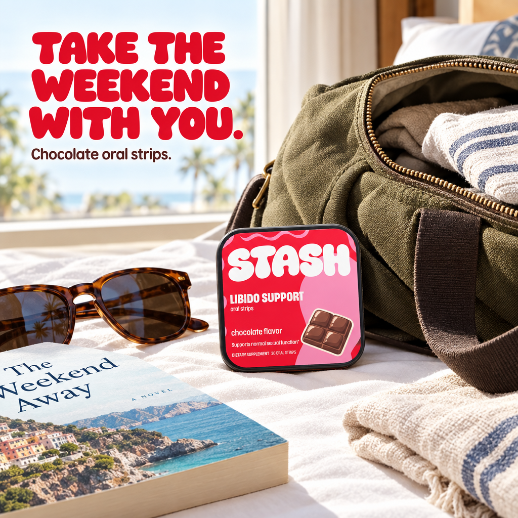 Libido Support chocolate tin beside a weekend travel bag and sunglasses