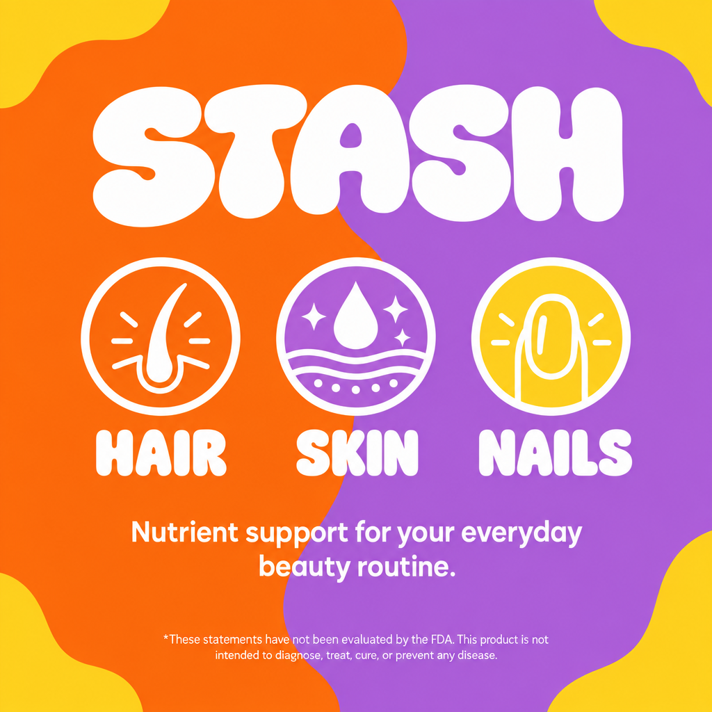 Hair skin and nails icon row on bold orange and purple background