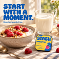 Yellow Bone Support raspberry tin on a sunny breakfast table with yogurt and milk