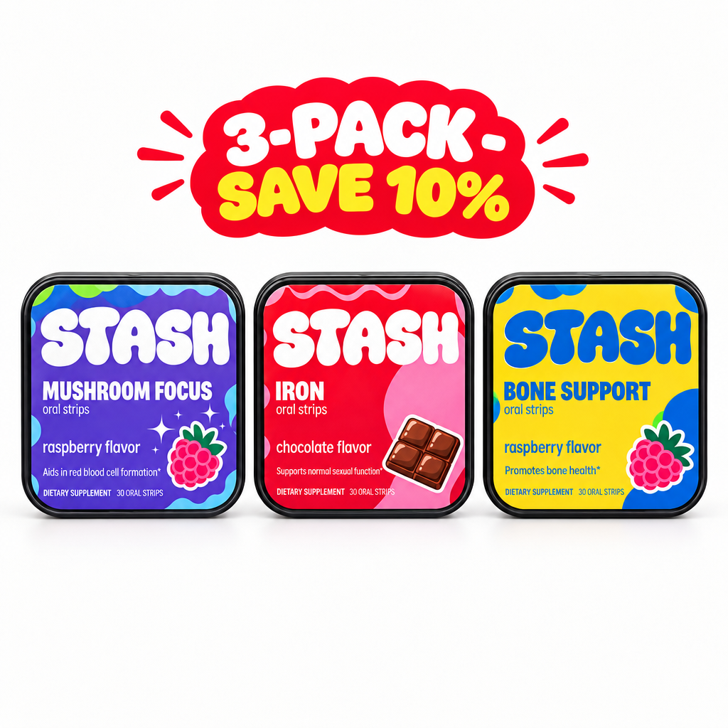 Mushroom Focus, Iron and Bone Support Strips tins side by side, 3-Pack Save 10% badge