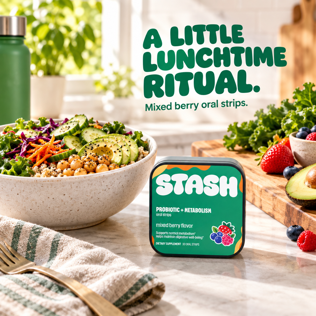 Green Probiotic + Metabolism mixed berry tin beside a meal-prep lunch bowl
