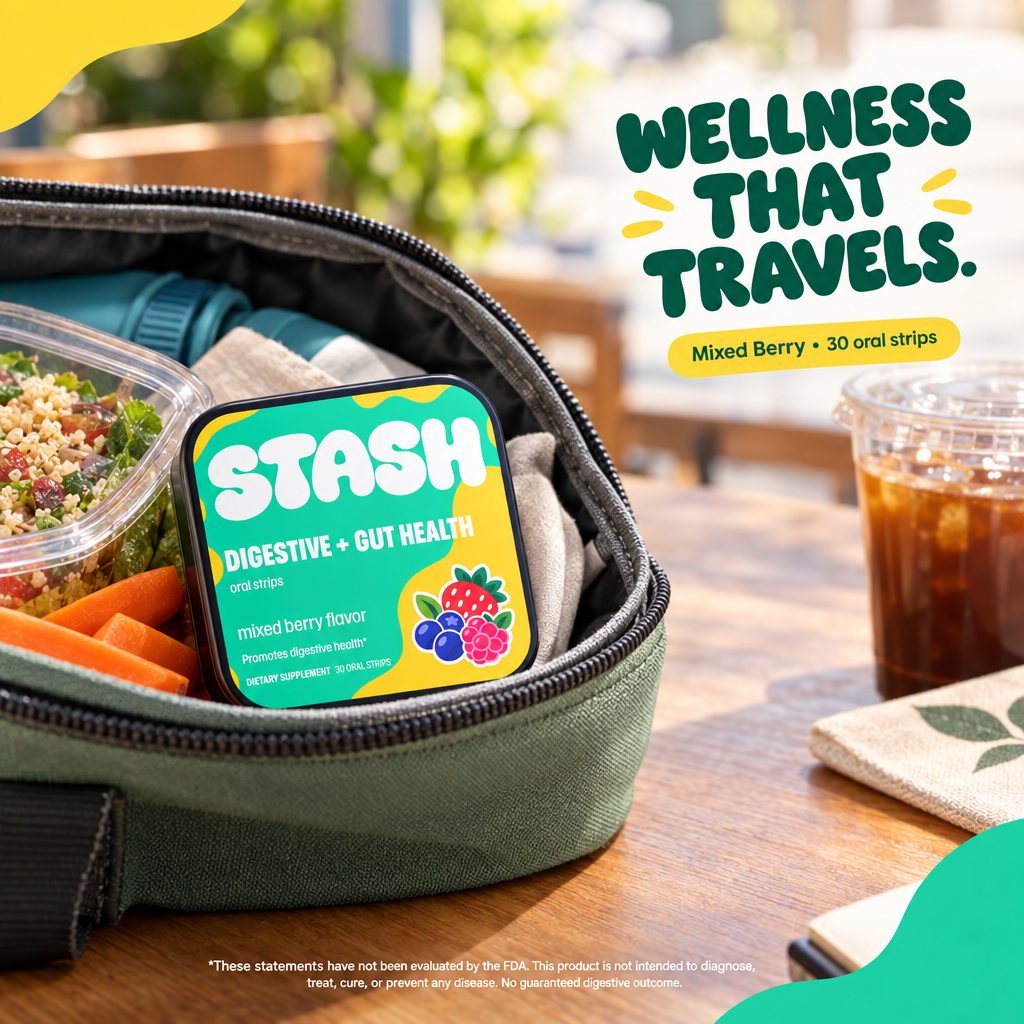 STASH Digestive and Gut Health tin inside an open travel lunch bag