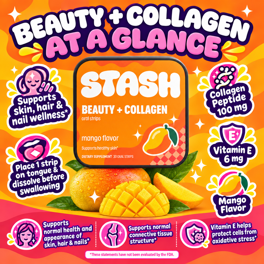 Beauty + Collagen Strips with mango flavor and skin hair nail wellness callouts