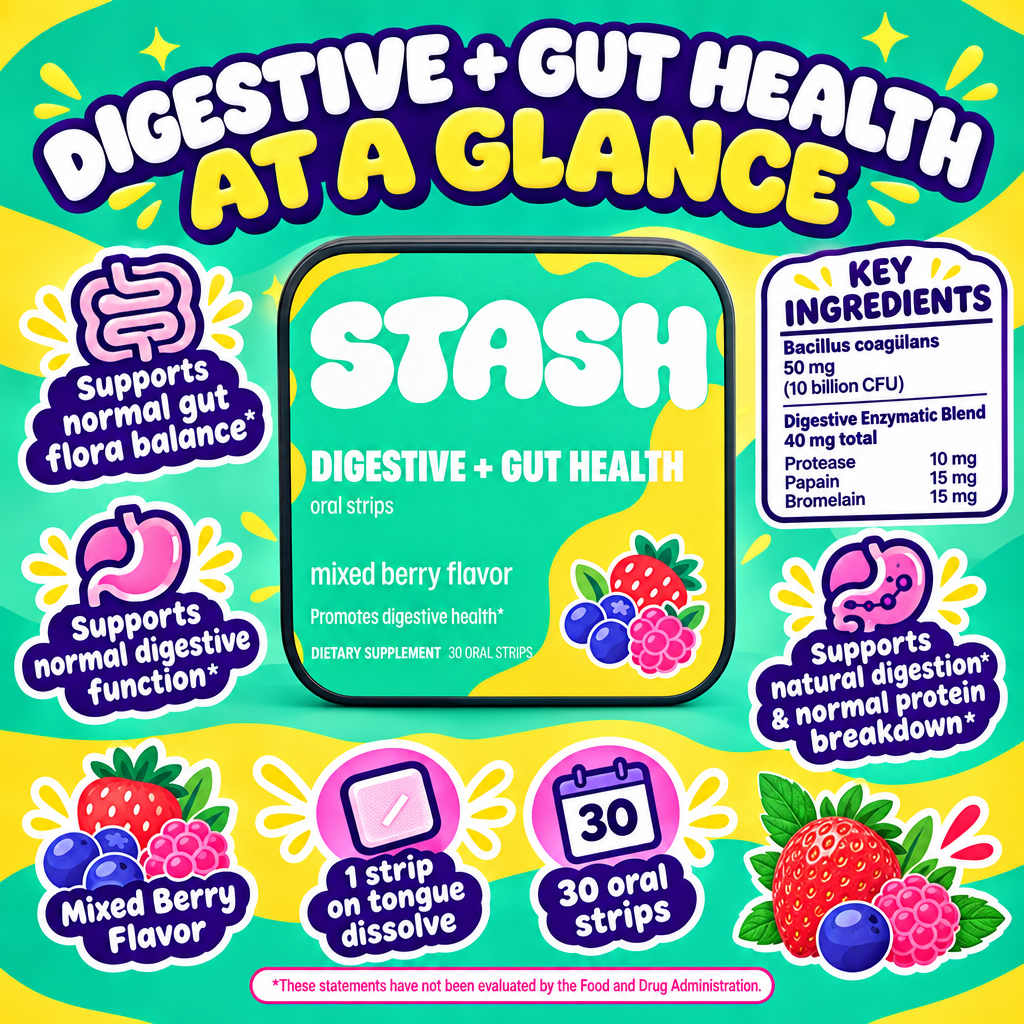 Digestive and Gut Health Strips at a glance with mixed berry flavor