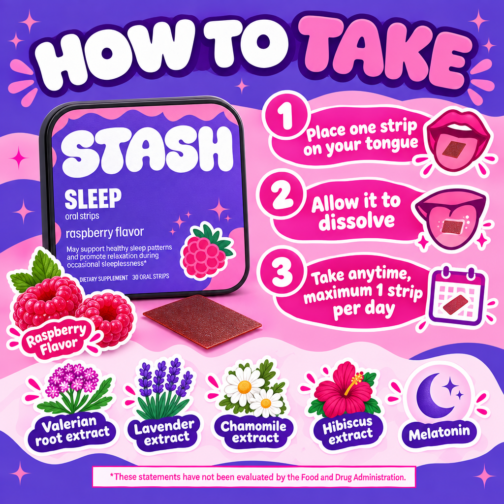 One Sleep Strip on tongue, let dissolve, maximum one strip per day