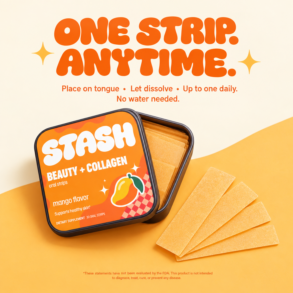Open STASH Beauty and Collagen tin with oral strips fanned out and usage guidance