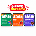 Probiotic + Metabolism, Energy and Mushroom Focus STASH tins side by side with 3-Pack Save 10% badge