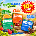 Daily Boost 3-Pack sunrise cover with three STASH tins, benefit callouts and giant red SAVE 10% OFF 3-PACK starburst