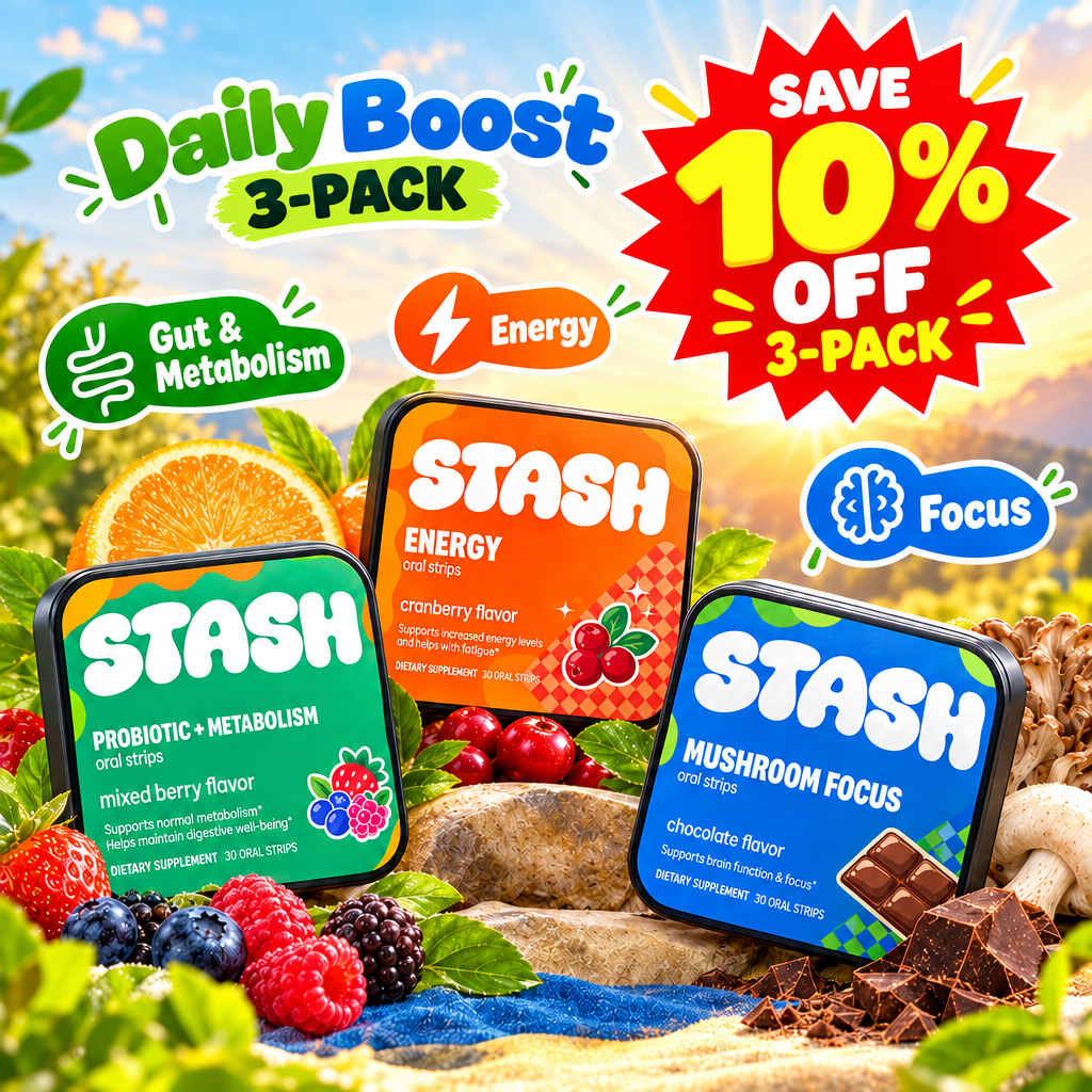 Daily Boost 3-Pack sunrise cover with three STASH tins, benefit callouts and giant red SAVE 10% OFF 3-PACK starburst