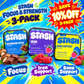 Focus & Strength 3-Pack cover with Mushroom Focus, Iron and Bone Support tins and large red SAVE 10% OFF 3-PACK starburst