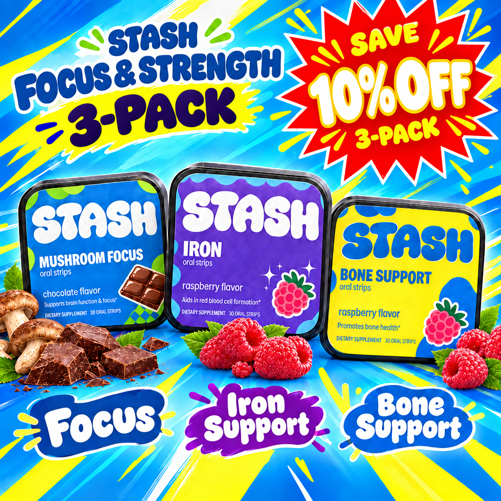Focus & Strength 3-Pack cover with Mushroom Focus, Iron and Bone Support tins and large red SAVE 10% OFF 3-PACK starburst
