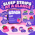 Sleep Strips at a Glance with raspberry STASH tin and relaxation support callouts
