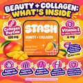Collagen peptide 100 mg and Vitamin E 6 mg ingredient infographic