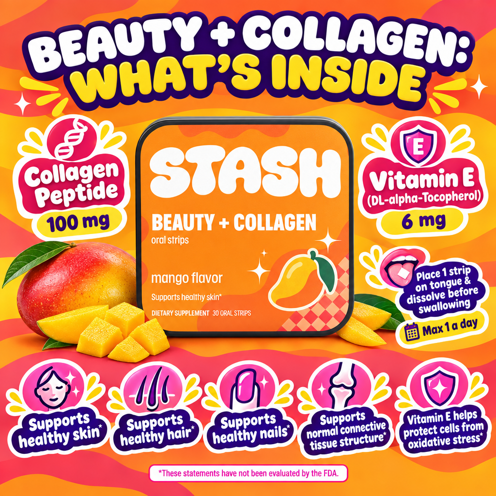 Collagen peptide 100 mg and Vitamin E 6 mg ingredient infographic