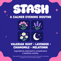 Night-sky grid of valerian root, lavender, chamomile and melatonin icons