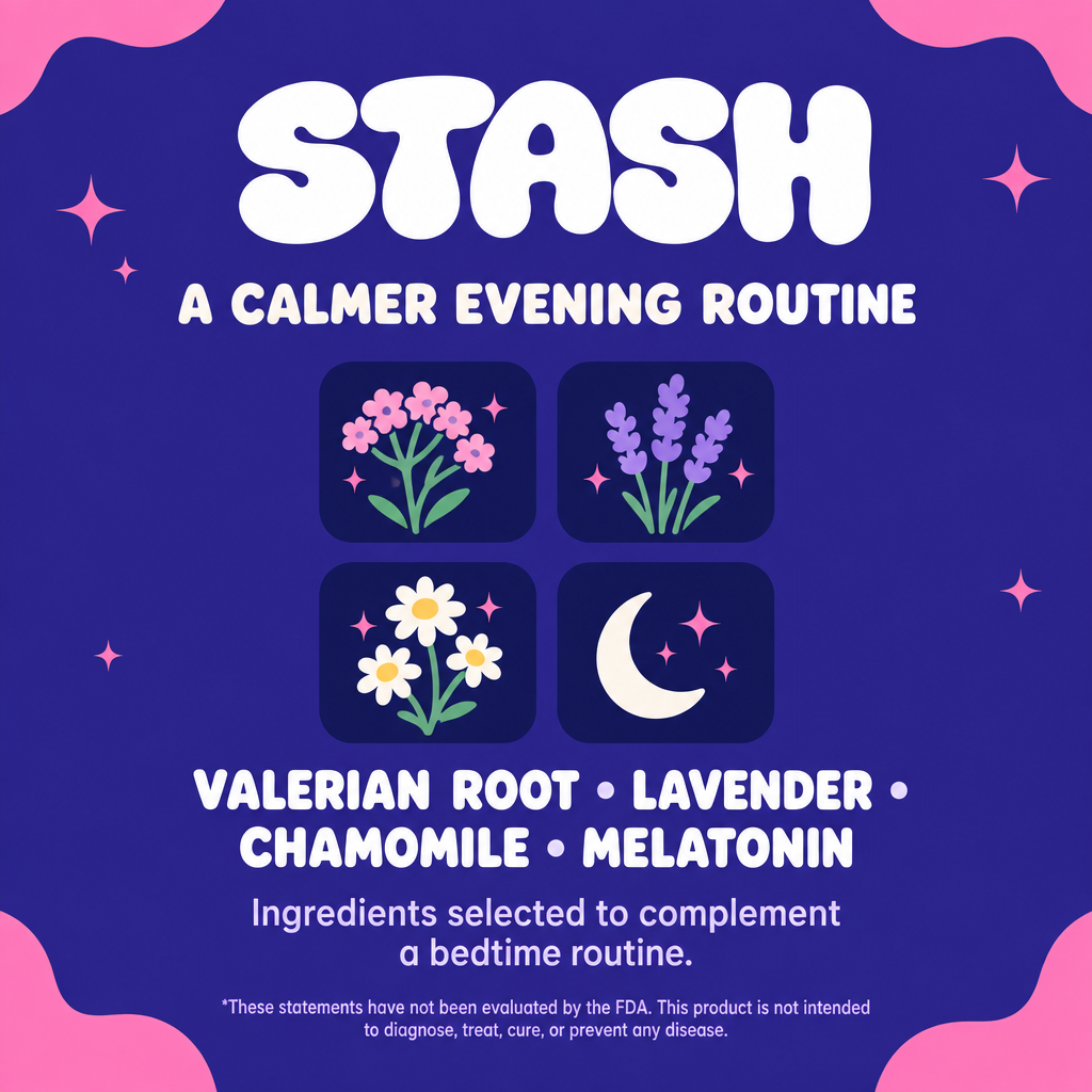 Night-sky grid of valerian root, lavender, chamomile and melatonin icons