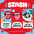 Three comic panels showing how to place and dissolve one oral strip