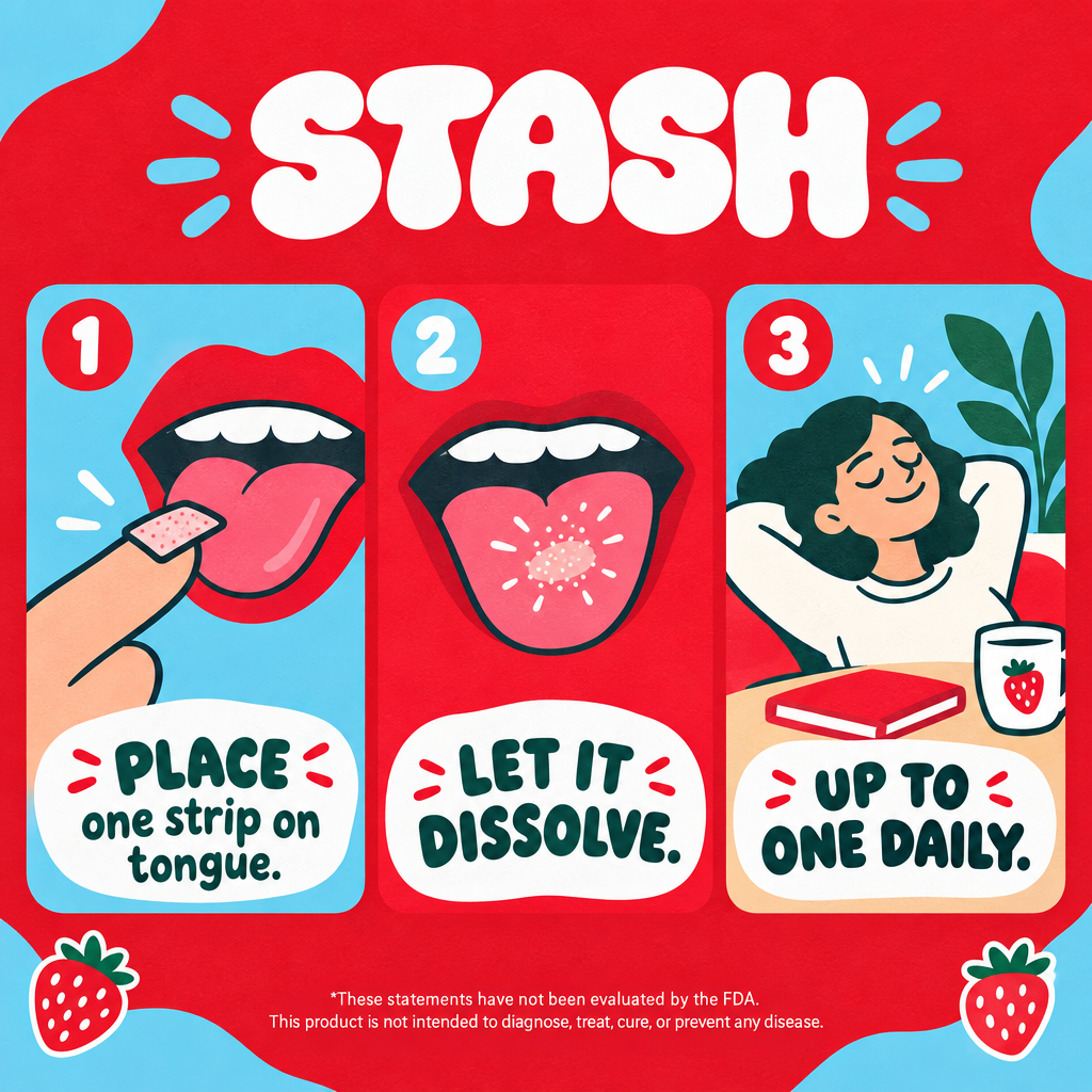 Three comic panels showing how to place and dissolve one oral strip