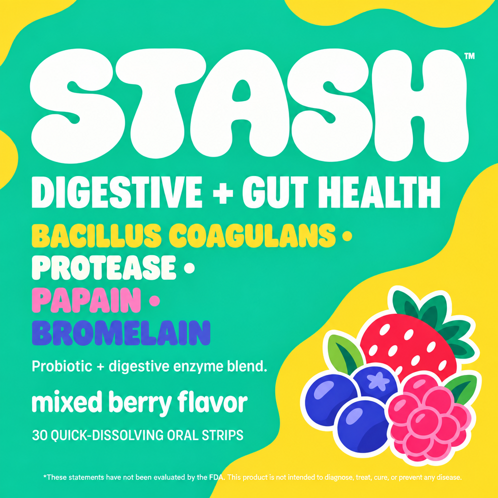 Bold typography listing Bacillus coagulans protease papain and bromelain