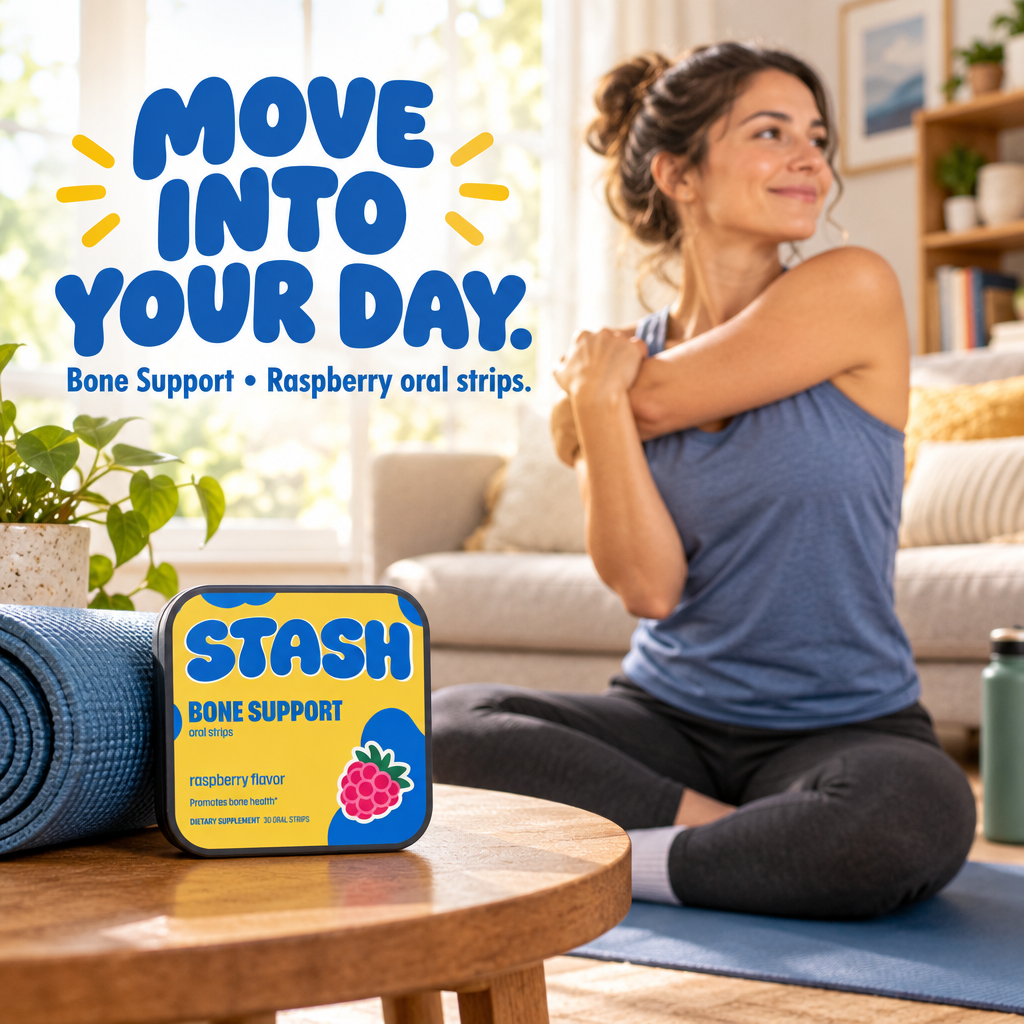 Yellow Bone Support raspberry tin beside a yoga mat during a morning stretch