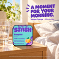 STASH Hangover Strips tin and water glass on a sunny bedroom nightstand