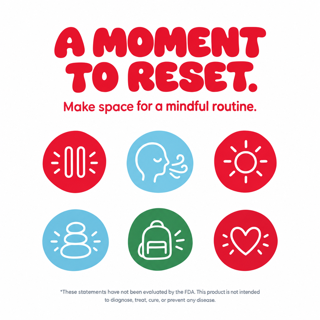 Clean white mindful routine icon grid without product tin
