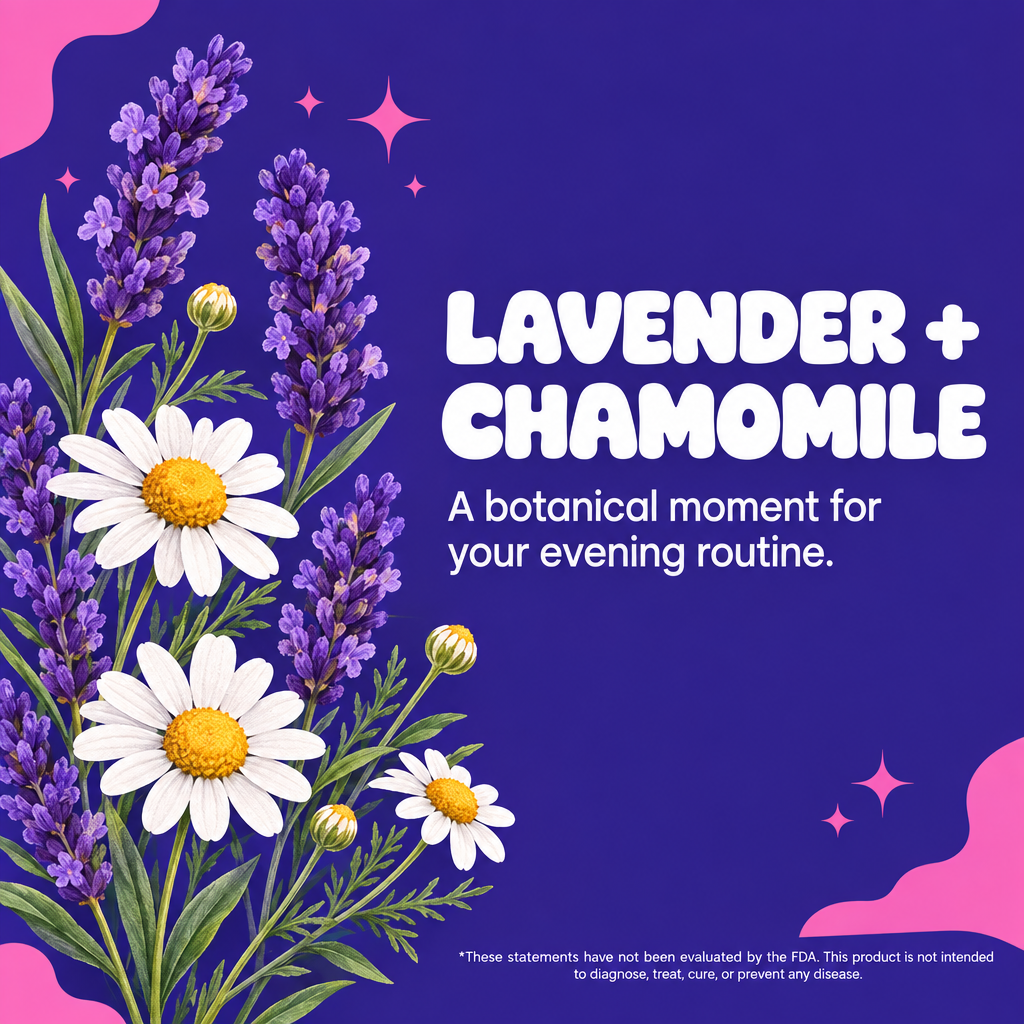 Botanical illustration of lavender and chamomile for an evening routine