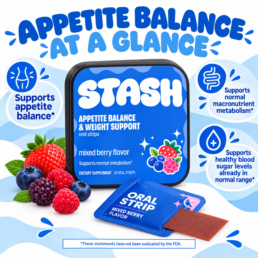 Appetite Balance at a Glance with blue STASH mixed berry tin and three support callouts