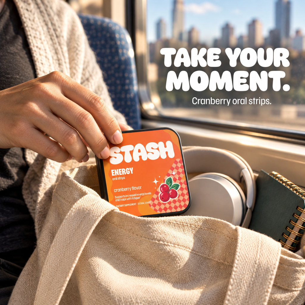 STASH Energy Strips cranberry tin being placed in a tote on a commute