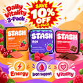 Daily Vitality 3-Pack cover with Energy, Iron and Libido Support tins and giant red 10% OFF 3-PACK starburst
