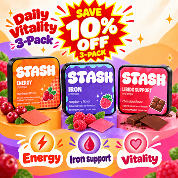 Daily Vitality 3-Pack cover with Energy, Iron and Libido Support tins and giant red 10% OFF 3-PACK starburst