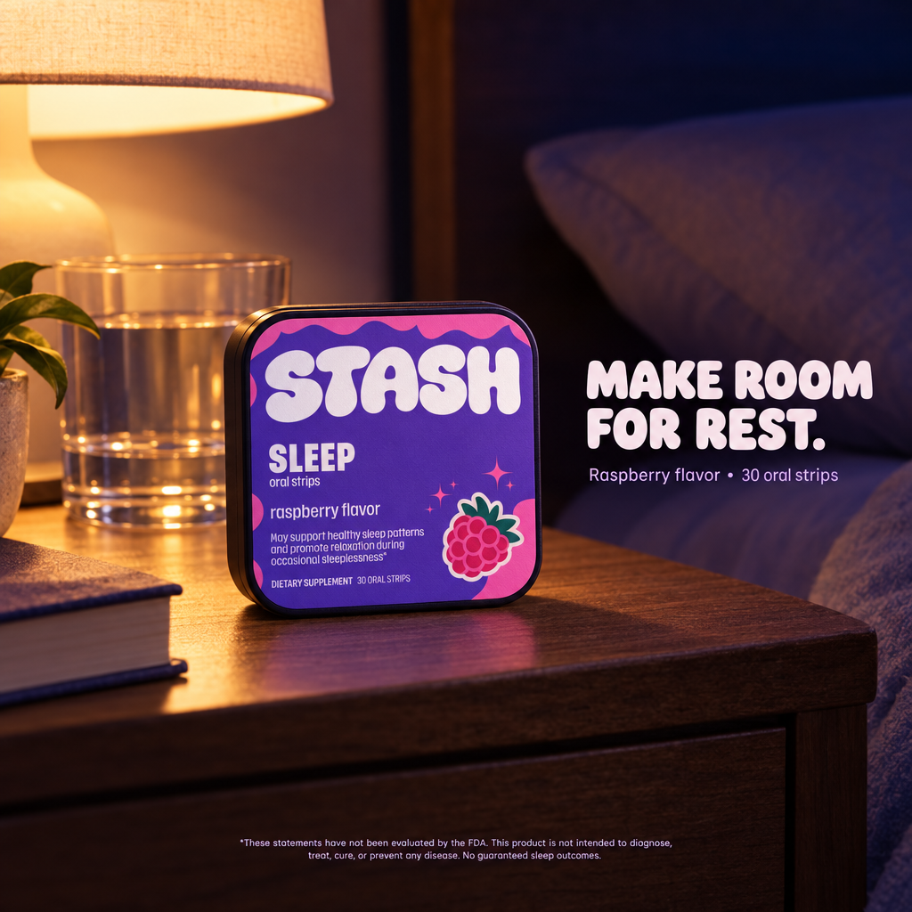 STASH Sleep Strips tin on a softly lit bedside nightstand