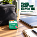 Green Probiotic + Metabolism mixed berry tin beside a lunch bag on an office desk